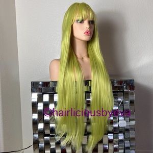Neon green wig straight with bangs 32 inch long
